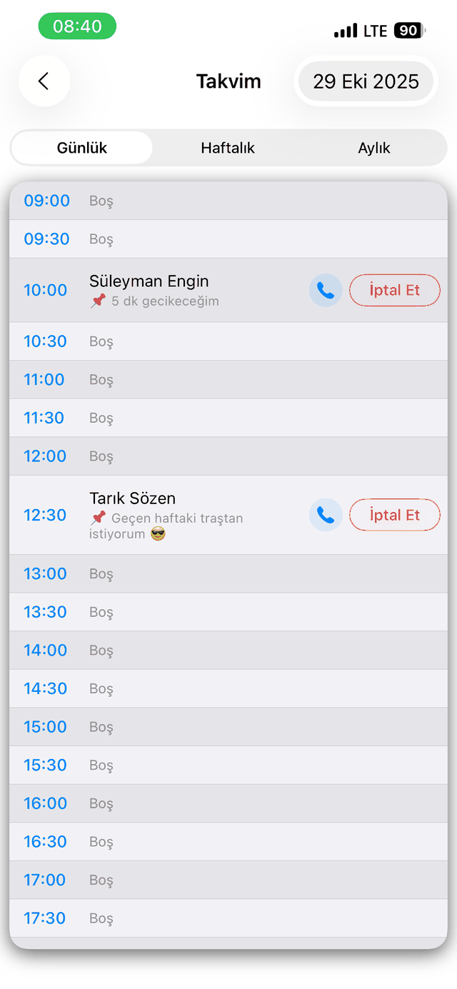 Günlük randevu akışı ekranı