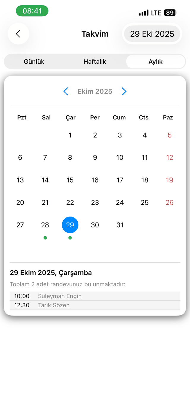 Aylık takvim ekranı