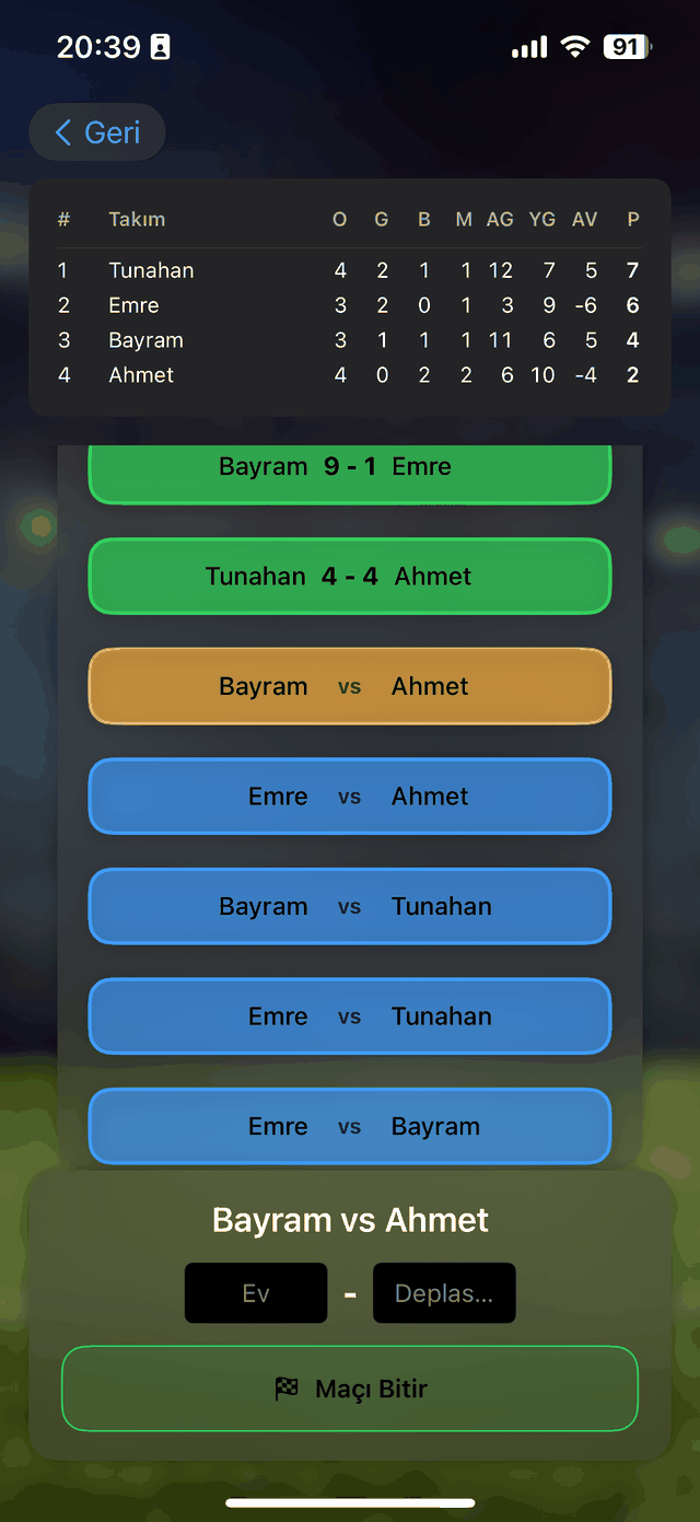 Fixtures and standings screen