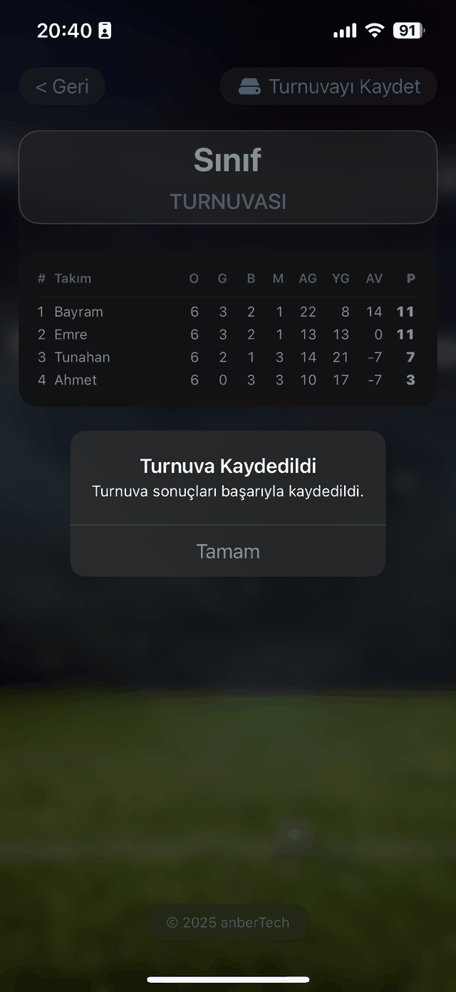 Tournament saved screen