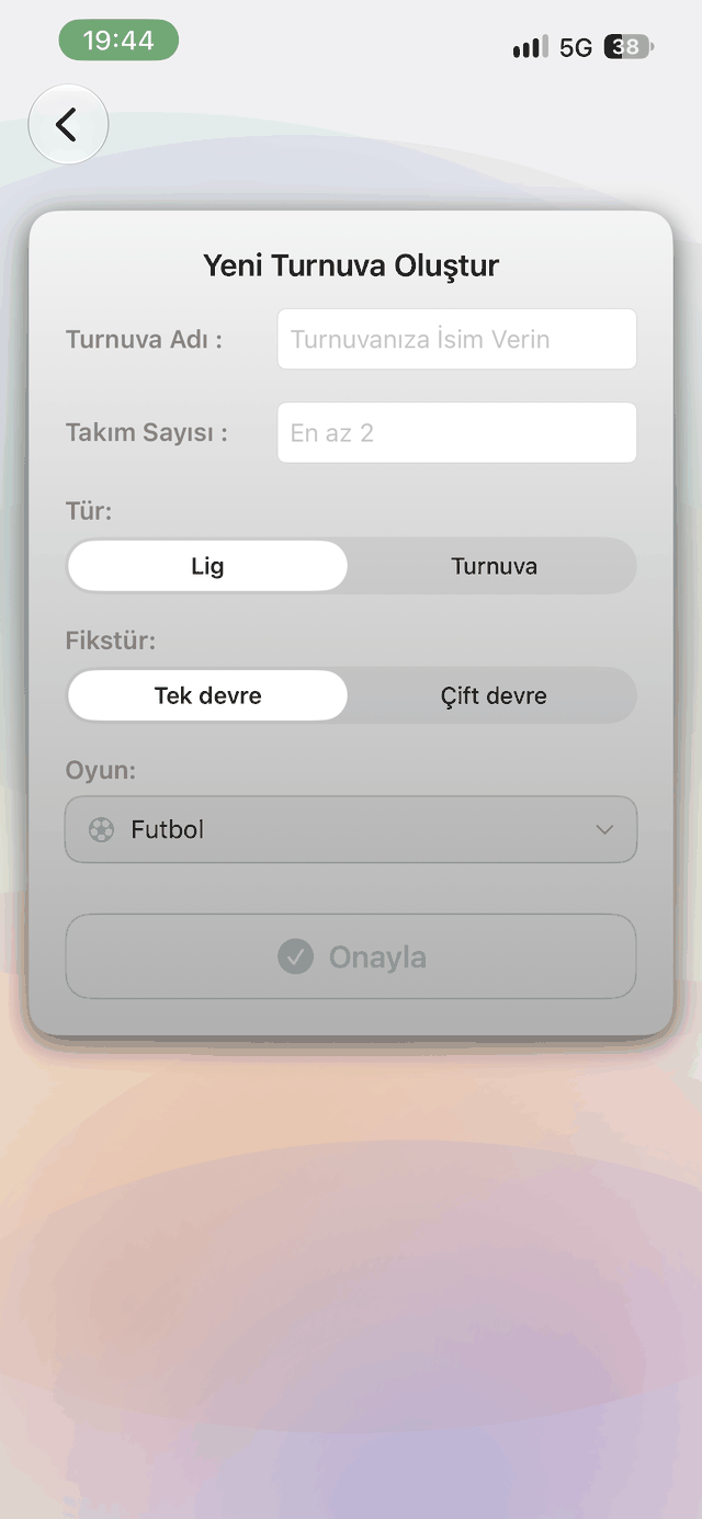 Create new tournament screen